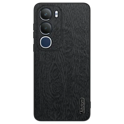 For vivo Y19s 4G Case Wood Texture PU Leather Coated PC+TPU Phone Cover - Black