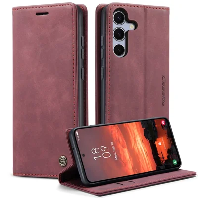 CASEME For Samsung Galaxy S25 Case 013 Series Card Holder Stand Leather Phone Cover - Red