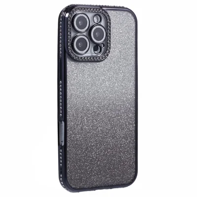 For iPhone 16 Pro Case Camera Lens Guard Clear Phone Back Cover Rhinestone Decor With Glitter Paper - Verloopzwart