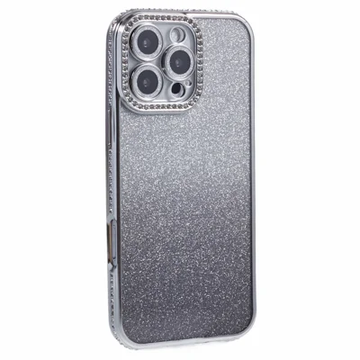For iPhone 16 Pro Case Camera Lens Guard Clear Phone Back Cover Rhinestone Decor With Glitter Paper - Gradient Silver
