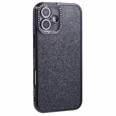 For iPhone 16 Plus Case Camera Lens Guard Clear Phone Back Cover Rhinestone Decor With Glitter Paper - Zwart