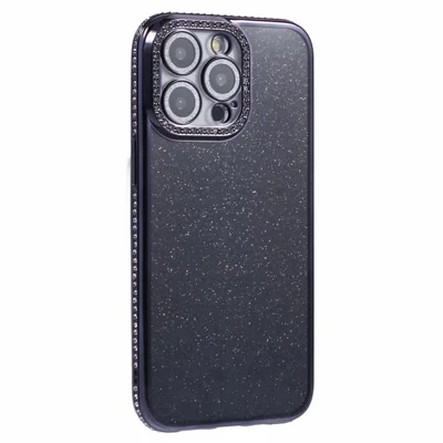 For iPhone 15 Pro Max Case Camera Lens Guard Clear Phone Back Cover Rhinestone Decor With Glitter Paper - Black