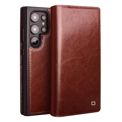 QIALINO For Samsung Galaxy S25 Ultra Case Genuine Cowhide Leather Flip Wallet Phone Cover with Stand - Brown