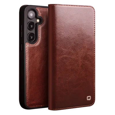 QIALINO For Samsung Galaxy S25 Case Wallet Flip Stand Phone Cover Genuine Cow Leather - Brown