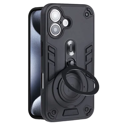 For iPhone 16 Plus Case Rotatable Kickstand PC+TPU Drop Protection Phone Cover - Black