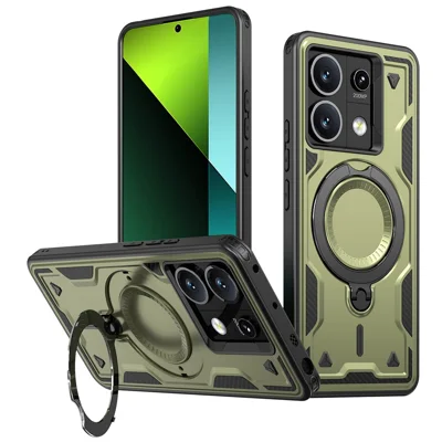 For Xiaomi Poco X6 5G / Redmi Note 13 Pro 5G Magnetic Case Military Protection PC+TPU Kickstand Phone Cover - Olive Green