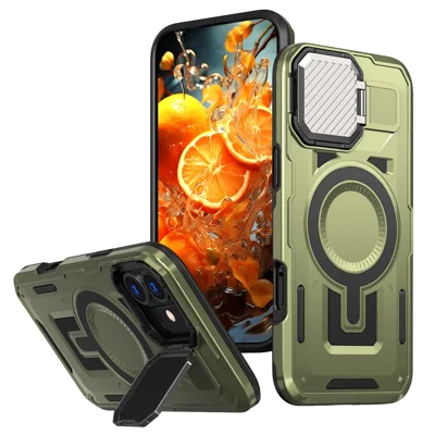 For iPhone 16 Plus Case Compatible with MagSafe Lens Lid Kickstand PC+TPU Back Cover - Olive Green