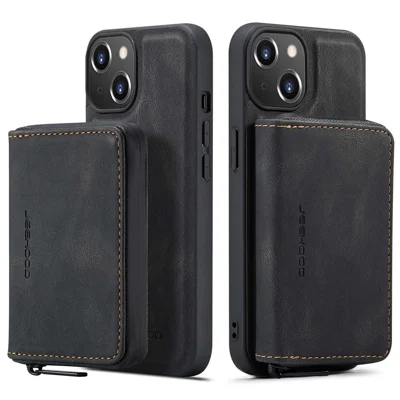 JEEHOOD Zippered Wallet Phone Case für iPhone 14 Stoßfest PU-Leder beschichtetes TPU-Cover mit Ständer, abnehmbares Handyhülle - Schwarz