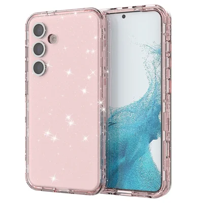 For Samsung Galaxy S24 Magnetic Case Glitter Clear Phone Back Cover with Lens Film - Transparent Pink