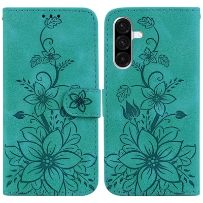 For Samsung Galaxy A18 4G / A18 5G / A17 4G / A17 5G / A26 5G Case Lily Flower Imprint Leather Phone Cover with Stand - Green