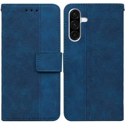 For Samsung Galaxy A18 4G / A18 5G / A17 4G / A17 5G / A26 5G Case Geometry Pattern Leather Wallet Phone Cover with Wrist Strap - Blue