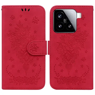 For Xiaomi 15 Case PU Leather Wallet Phone Cover Butterfly Flower Imprint - Red