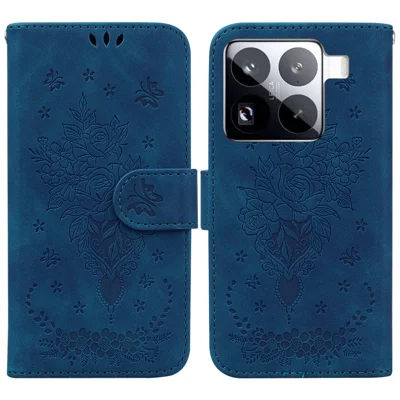 Folia na Xiaomi 15 Pro, etui portfel z wysokiej jakości skóry PU z nadrukiem motylków i kwiatów - niebieski