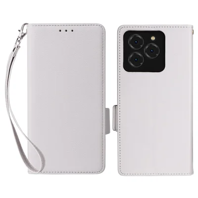 For Meizu Note 21 / Ulefone Note 20 Pro Case with Wrist Strap Litchi Texture PU Leather Wallet Phone Cover - White