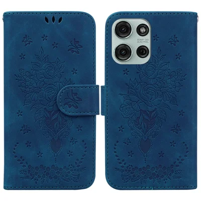 Voor Motorola Moto G75 5G hoesje PU leer portemonnee telefoonhoesje met vlinder en bloemenprint - Blauw