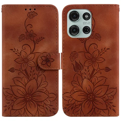 Voor Motorola Moto G75 5G hoesje met leliebloemenprint Lederen telefoonhoes met standaard - Bruin