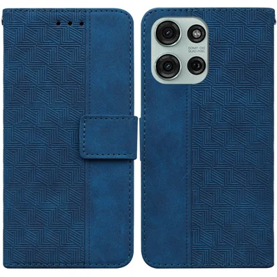 For Motorola Moto G75 5G Case Geometry Pattern Leather Wallet Phone Cover with Wrist Strap - Blue