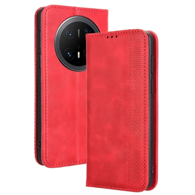 Futera skórzana z portfelem i podstawką dla Huawei Mate 70 Pro+ / 70 Pro, retro faktura, czerwona obudowa telefonu