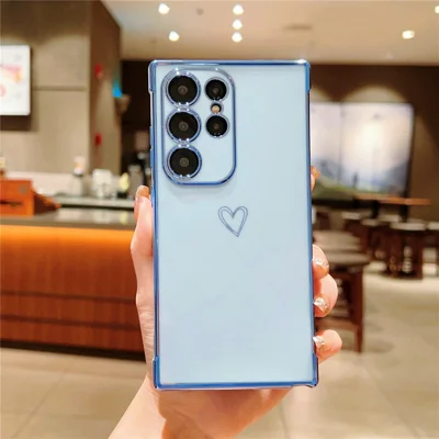 Samsung Galaxy S24 Ultra-hoesje met hartmotief TPU-telefoonhoesje met gegalvaniseerde rand - Blauw