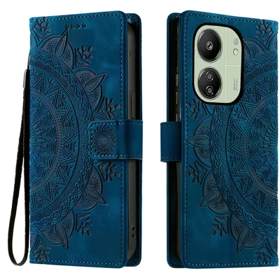 Style 018 For Xiaomi Redmi 13C 5G / 4G Case Imprinted Totem Skin Feel Wallet Leather Phone Cover - Blue