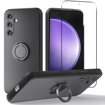 For Samsung Galaxy A26 5G Case Liquid Silicone Kickstand Cover with 2.5D Arc Edge Tempered Glass Film - Black