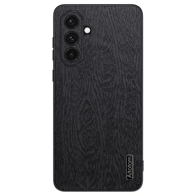For Samsung Galaxy A36 5G Case Wood Texture PU Leather Coated PC+TPU Phone Cover - Black
