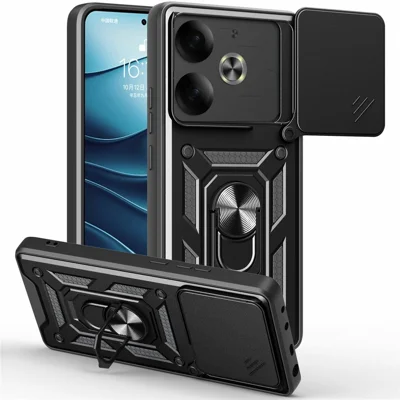 For TECNO Pova 6 4G Case with Slide Camera Lid PC+TPU Kickstand Phone Cover - Black