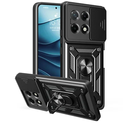 For TECNO Camon 30S 4G Case with Slide Camera Lid PC+TPU Kickstand Phone Cover - Black