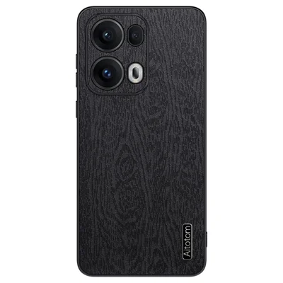 For Oppo Reno13 Pro 5G Case Wood Texture PU Leather Coated PC+TPU Phone Cover - Black