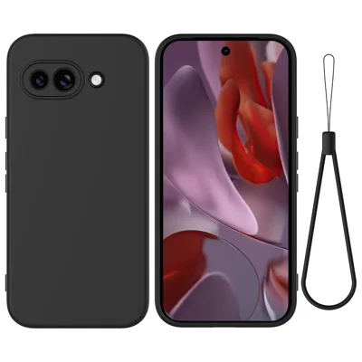 Fodral för Google Pixel 9a, flytande silikon, mobilhölje med handledsrem – Svart