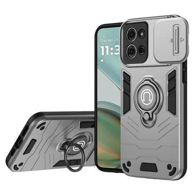 Voor Motorola Moto G75 5G Hoesje Schuif Camshield Zwenkstand PC+TPU Telefoonhoes - Grijs