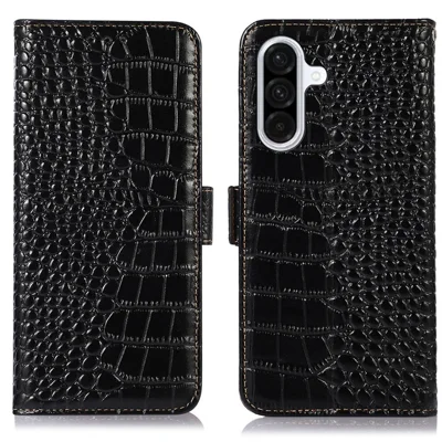 For Samsung Galaxy A56 5G Case Crocodile Texture Genuine Cow Leather Phone Wallet Cover - Black