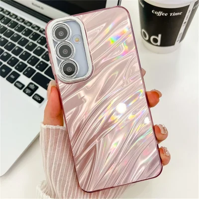 For Samsung Galaxy S24+ Case IMD Design Shockproof PC+TPU Phone Cover with Glass Lens Film - Ripple Pattern / Pink