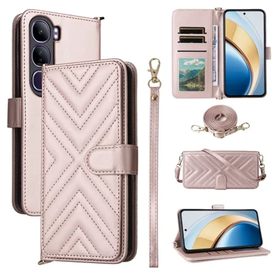Wallet Phone Case for vivo Y300 5G / Y200 5G / V40 Lite (Indonesia) 5G / 4G Leather Cover with Shoulder / Wrist Strap - Pink
