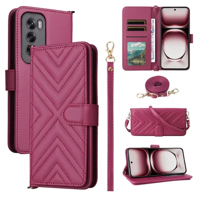 For Oppo Reno12 5G (Global) Wallet Case with Shoulder / Wrist Strap Leather Phone Cover Stand - Rose