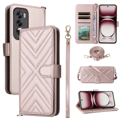For Oppo Reno12 Pro 5G (Global) Wallet Case with Shoulder / Wrist Strap Leather Phone Cover Stand - Pink