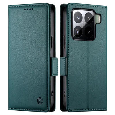 Futerał z podstawką DF-010 na telefon Xiaomi 15 Pro, portfel z miękkiej skórzanej skóry PU z etui na telefon – ciemnozielony