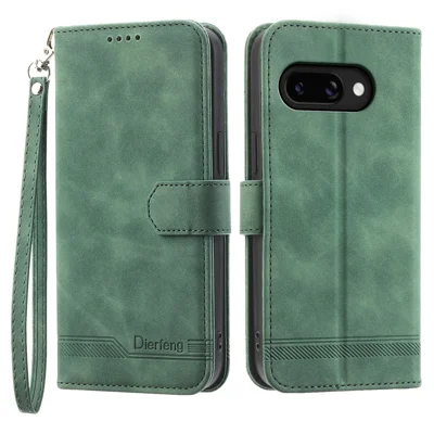 DIERFENG DF-03 til Google Pixel 9a Læderetui med Linjemønster, Wallet Phone Cover - Grøn