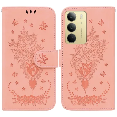 For Realme C75 4G Case PU Leather Wallet Phone Cover Butterfly Flower Imprint - Pink