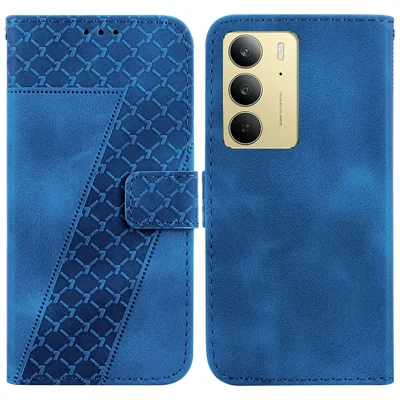 For Realme C75 4G Stand Case 7-Shaped Pattern Imprint Leather Phone Cover - Dark Blue