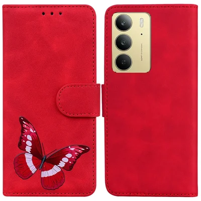 For Realme C75 4G Stand Case PU Leather Phone Cover Butterfly Printed - Red