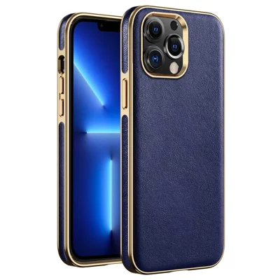 For iPhone 13 Pro Max 6.7 inch Business Electroplating Phone Case Anti-scratch TPU+PU Leather Phone Cover - Blue