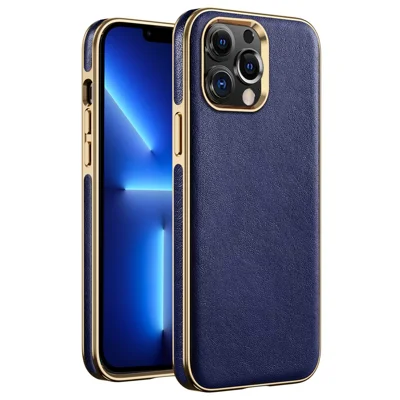 For iPhone 13 Pro 6.1 inch PU Leather Coated TPU Phone Shell Case Business Electroplating Anti-fingerprint Mobile Phone Cover - Blue