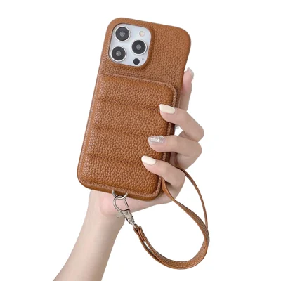 For iPhone 15 Pro Case Card Slots Kickstand PU Leather + PET Phone Cover with Wrist Strap - Dark Brown