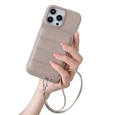 For iPhone 16 Pro Case Card Slots Kickstand PU Leather + PET Phone Cover with Wrist Strap - Grey