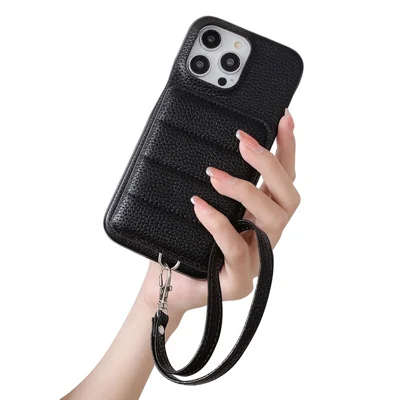 For iPhone 14 Pro Max Case Card Slots Kickstand PU Leather + PET Phone Cover with Wrist Strap - Black