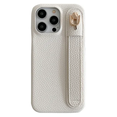 For iPhone 15 Pro Case Wristband Kickstand PU Leather + PET Phone Cover - White