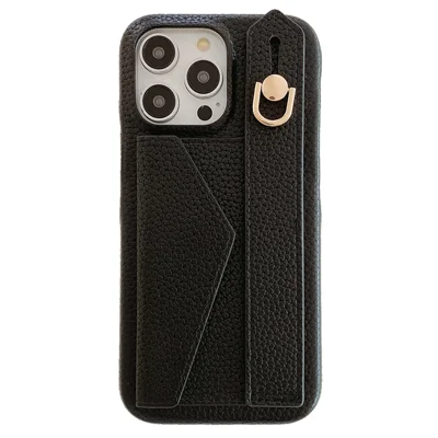 For iPhone 14 Pro Case with Card Slot Wristband Kickstand PU Leather+PET Phone Cover - Black