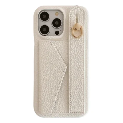 For iPhone 15 Pro Case with Card Slot Wristband Kickstand PU Leather+PET Phone Cover - White