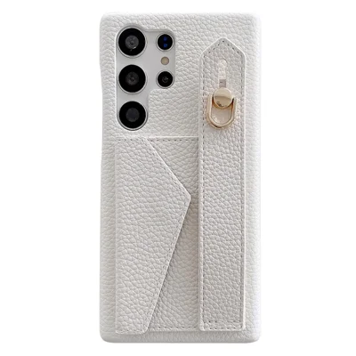 For Samsung Galaxy S24 Ultra Case with Card Slot Wristband Kickstand PU Leather+PET Phone Cover - White